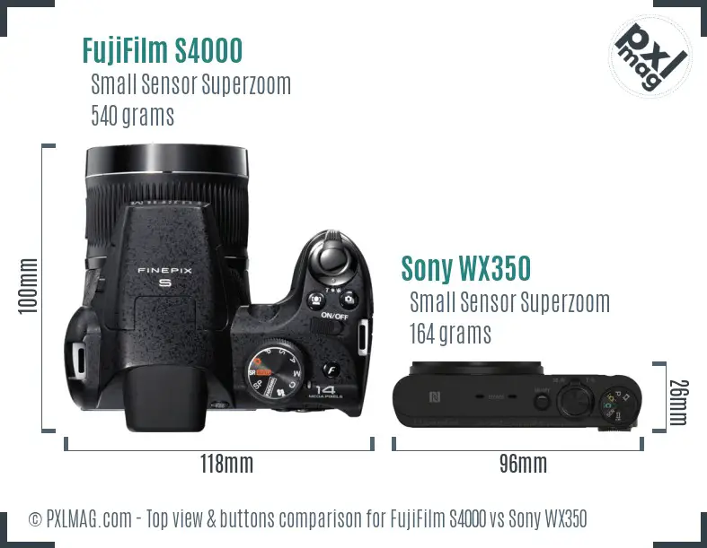 FujiFilm S4000 vs Sony WX350 top view buttons comparison FujiFilm S4000 vs Sony WX350 top view buttons comparison