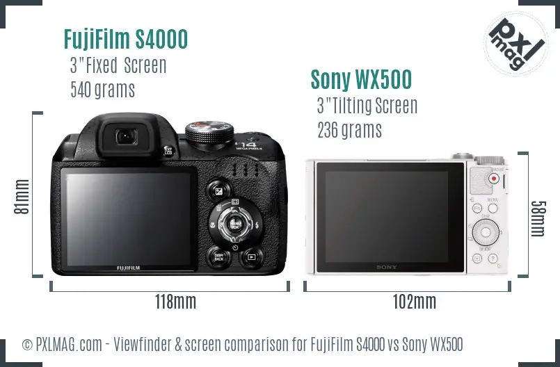 FujiFilm S4000 vs Sony WX500 Screen and Viewfinder comparison