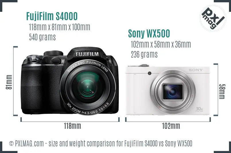 FujiFilm S4000 vs Sony WX500 size comparison