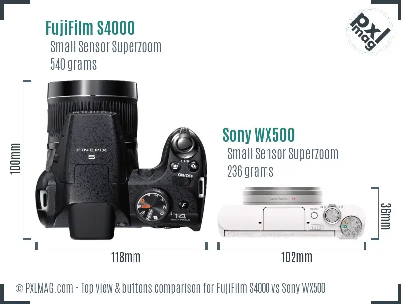 FujiFilm S4000 vs Sony WX500 top view buttons comparison