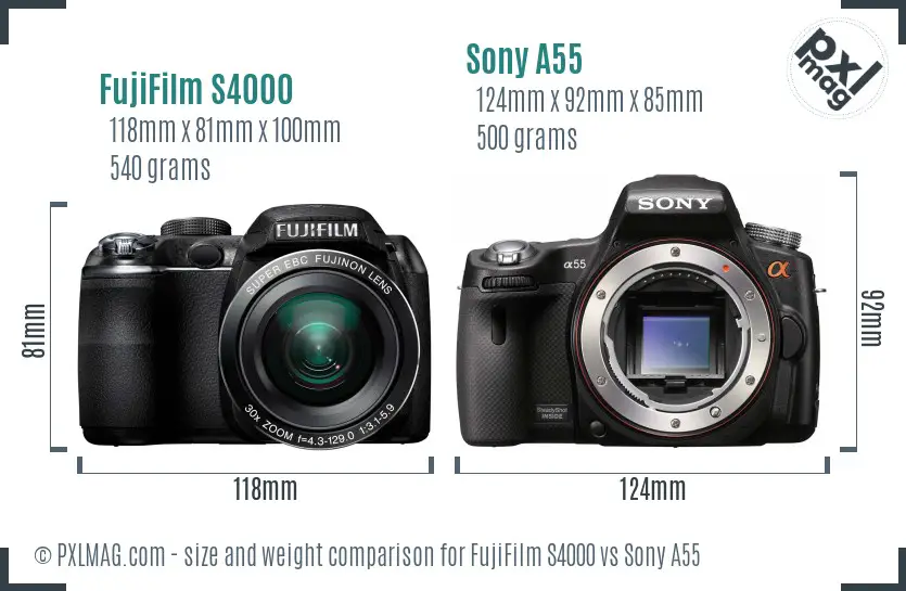 FujiFilm S4000 vs Sony A55 size comparison FujiFilm S4000 vs Sony A55 size comparison