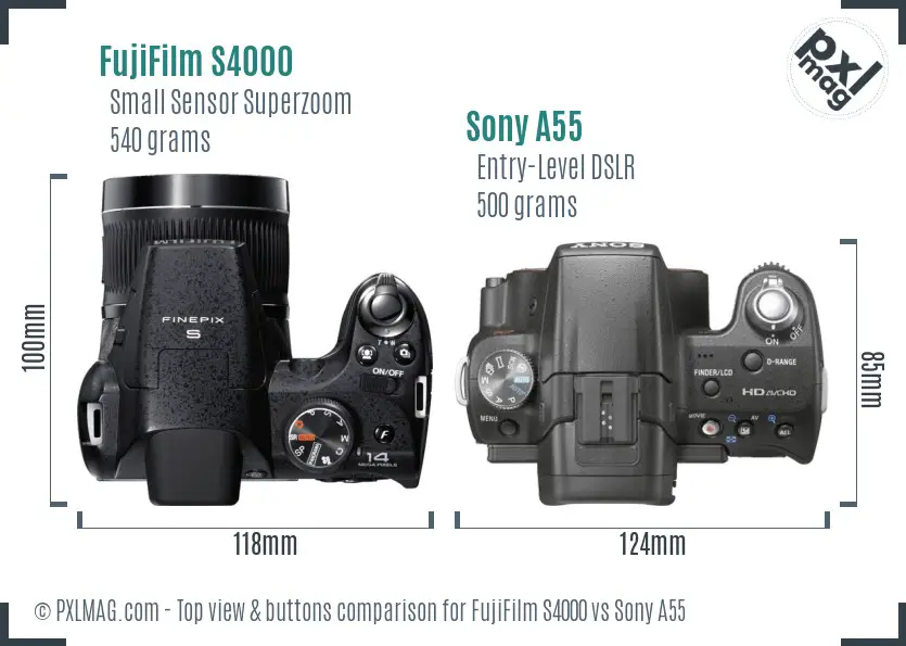 FujiFilm S4000 vs Sony A55 top view buttons comparison FujiFilm S4000 vs Sony A55 top view buttons comparison