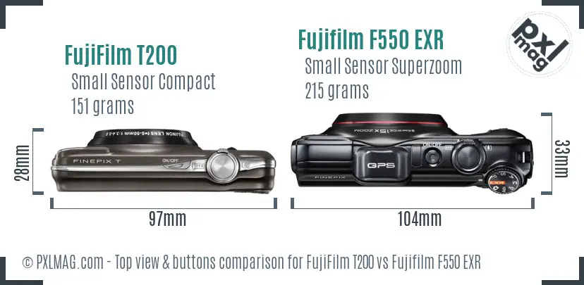 FujiFilm T200 vs Fujifilm F550 EXR top view buttons comparison