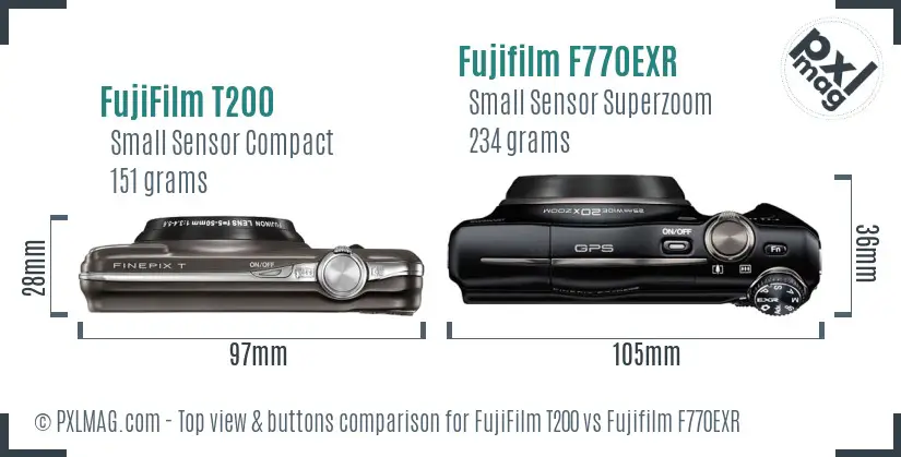 FujiFilm T200 vs Fujifilm F770EXR top view buttons comparison