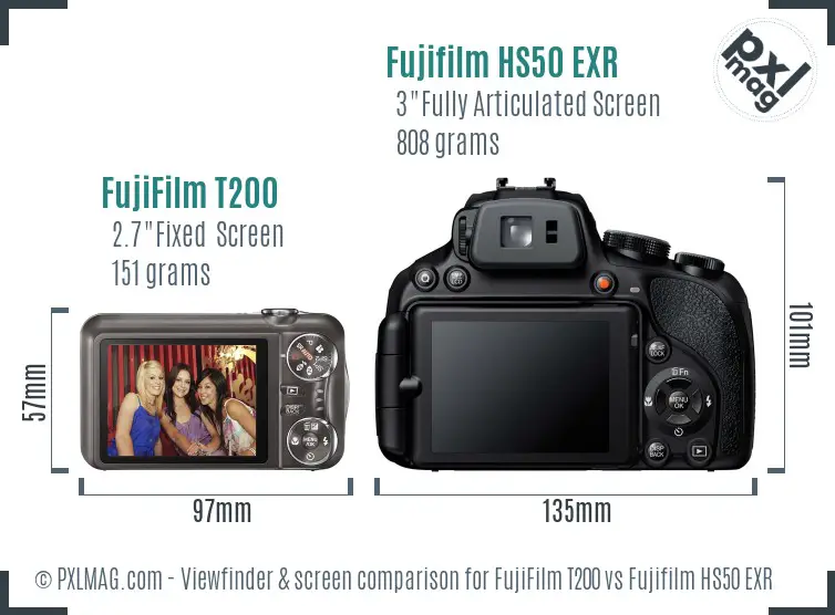 FujiFilm T200 vs Fujifilm HS50 EXR Screen and Viewfinder comparison