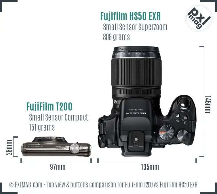 FujiFilm T200 vs Fujifilm HS50 EXR top view buttons comparison