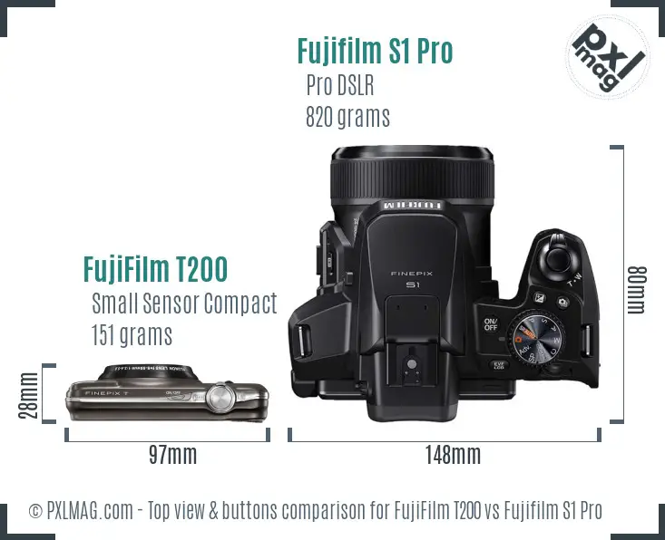 FujiFilm T200 vs Fujifilm S1 Pro top view buttons comparison