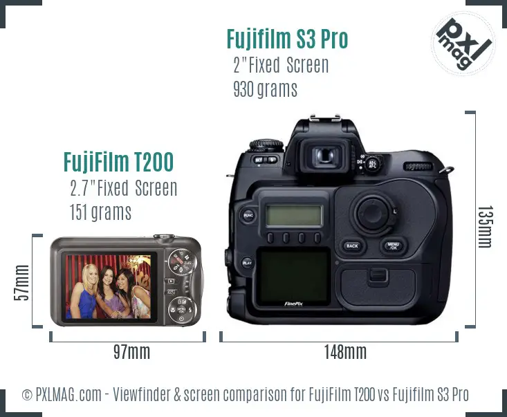 FujiFilm T200 vs Fujifilm S3 Pro Screen and Viewfinder comparison