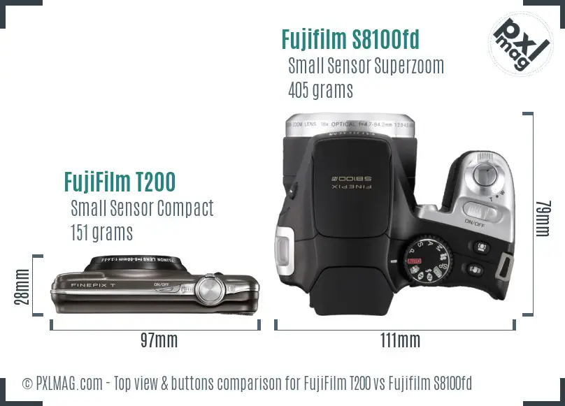 FujiFilm T200 vs Fujifilm S8100fd top view buttons comparison FujiFilm T200 vs Fujifilm S8100fd top view buttons comparison