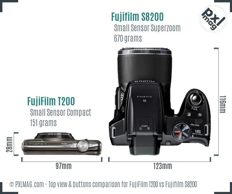 FujiFilm T200 vs Fujifilm S8200 top view buttons comparison