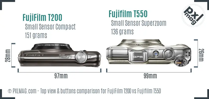 FujiFilm T200 vs Fujifilm T550 top view buttons comparison