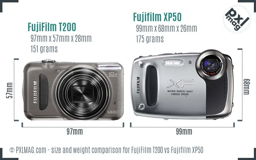 FujiFilm T200 vs Fujifilm XP50 size comparison