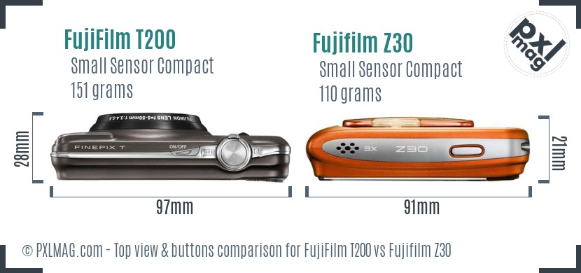 FujiFilm T200 vs Fujifilm Z30 top view buttons comparison