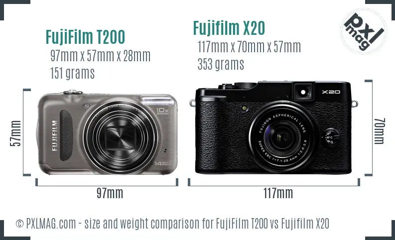 FujiFilm T200 vs Fujifilm X20 size comparison