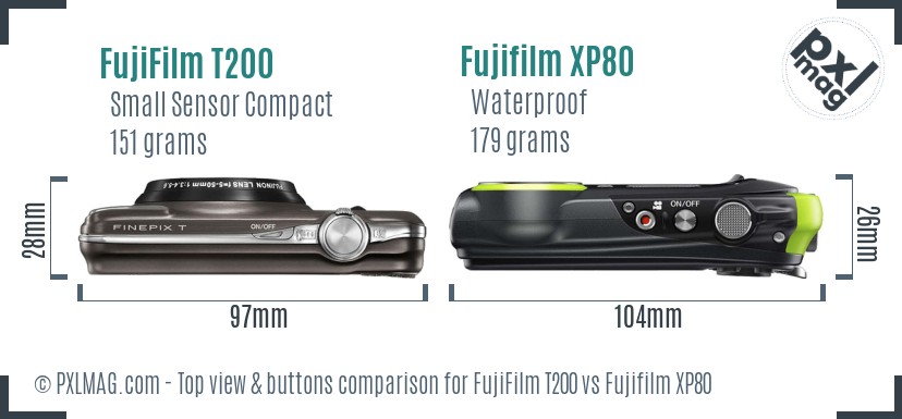 FujiFilm T200 vs Fujifilm XP80 top view buttons comparison