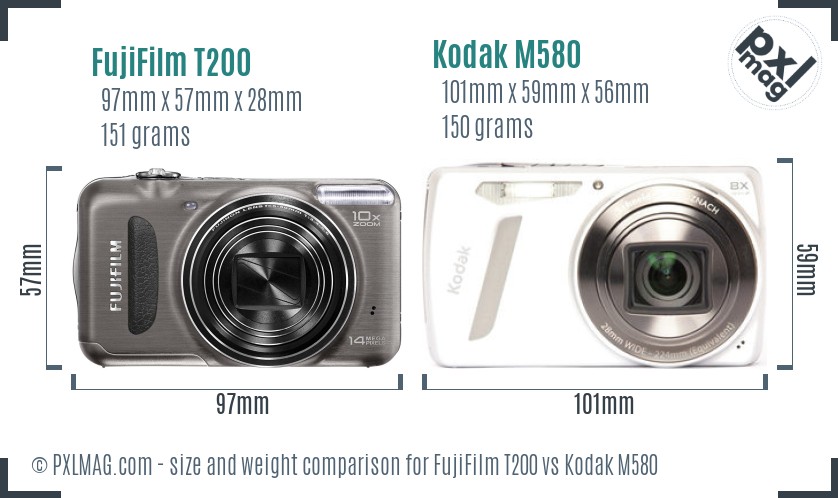 FujiFilm T200 vs Kodak M580 size comparison