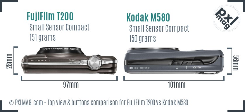 FujiFilm T200 vs Kodak M580 top view buttons comparison