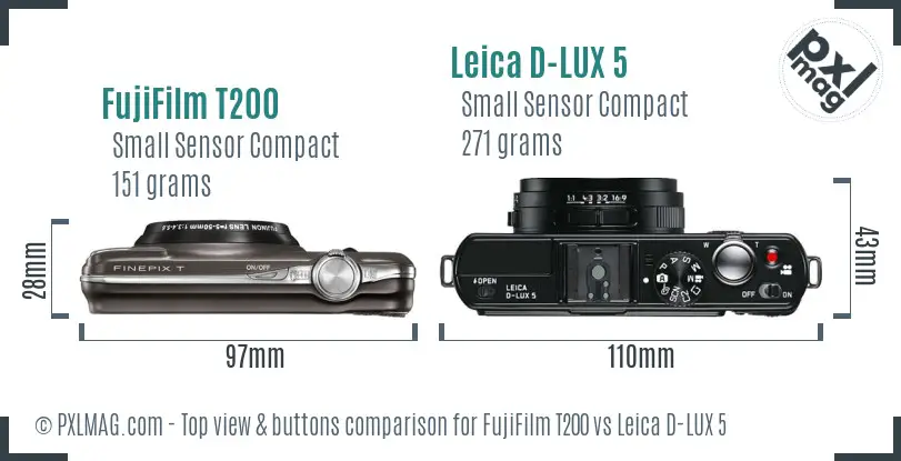 FujiFilm T200 vs Leica D-LUX 5 top view buttons comparison FujiFilm T200 vs Leica D-LUX 5 top view buttons comparison