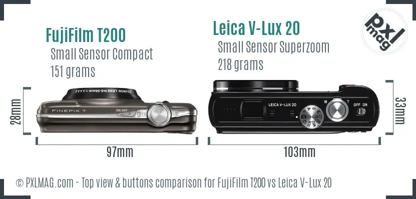 FujiFilm T200 vs Leica V-Lux 20 top view buttons comparison