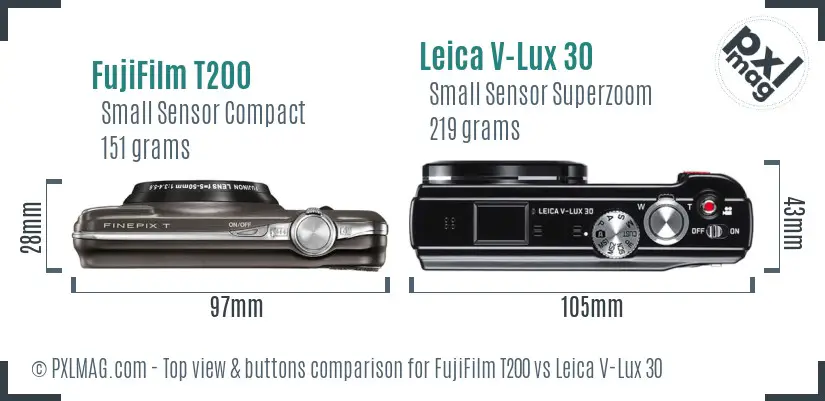 FujiFilm T200 vs Leica V-Lux 30 top view buttons comparison FujiFilm T200 vs Leica V-Lux 30 top view buttons comparison