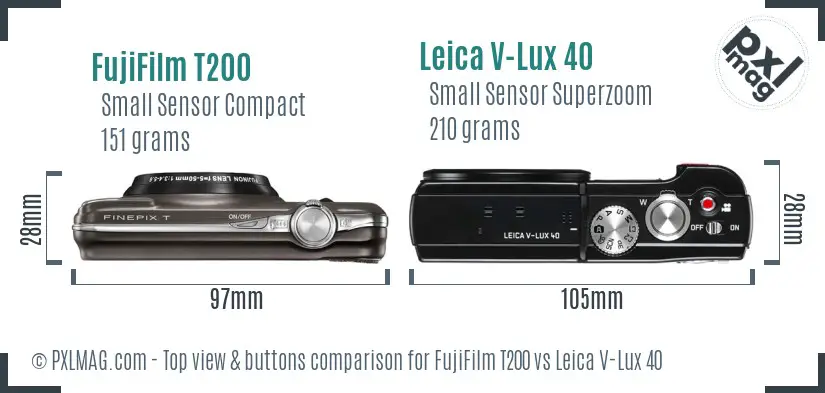 FujiFilm T200 vs Leica V-Lux 40 top view buttons comparison FujiFilm T200 vs Leica V-Lux 40 top view buttons comparison