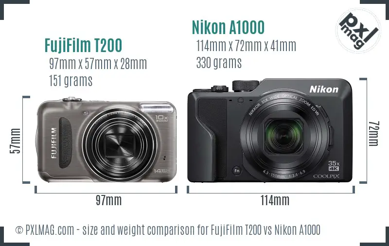 FujiFilm T200 vs Nikon A1000 size comparison
