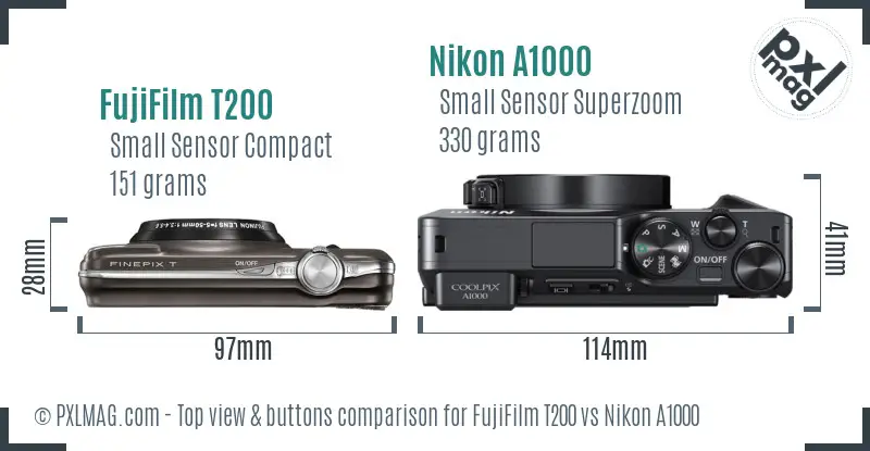 FujiFilm T200 vs Nikon A1000 top view buttons comparison