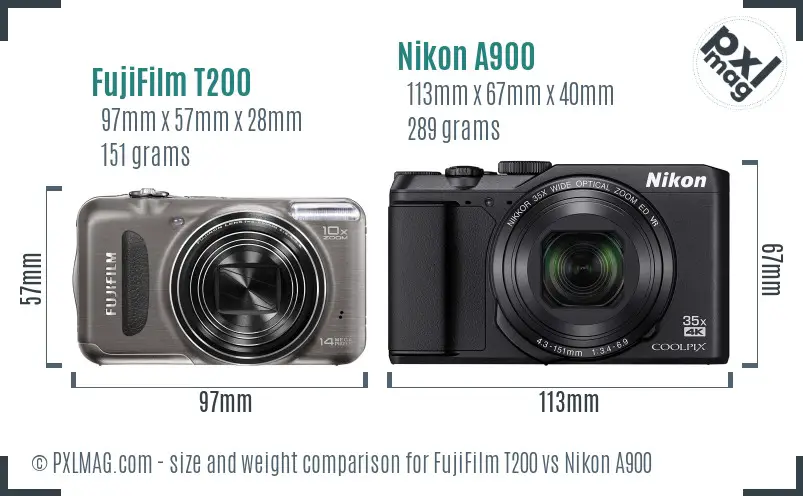 FujiFilm T200 vs Nikon A900 size comparison