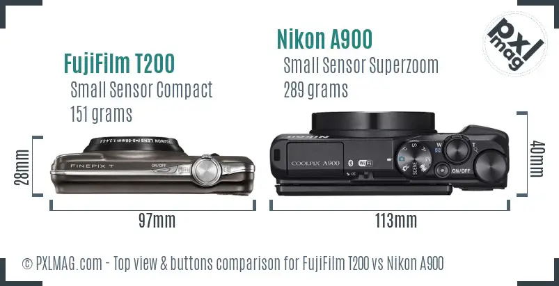 FujiFilm T200 vs Nikon A900 top view buttons comparison