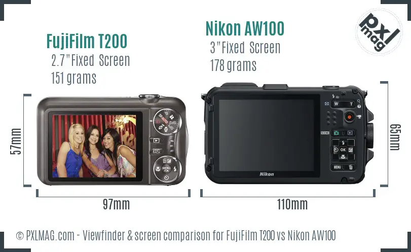 FujiFilm T200 vs Nikon AW100 Screen and Viewfinder comparison