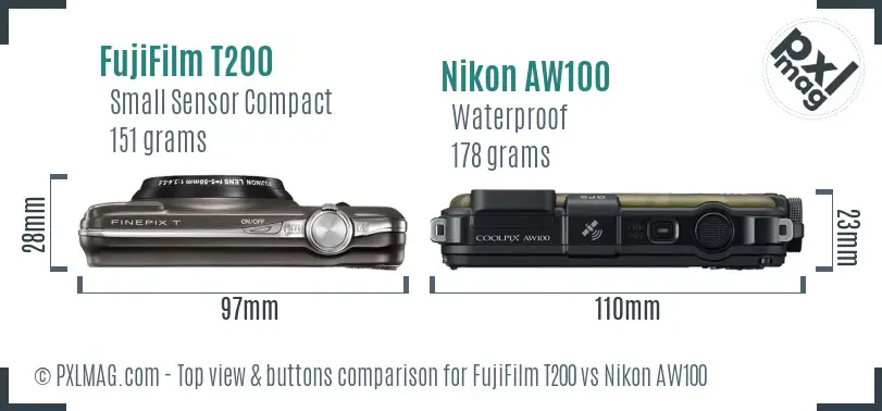 FujiFilm T200 vs Nikon AW100 top view buttons comparison