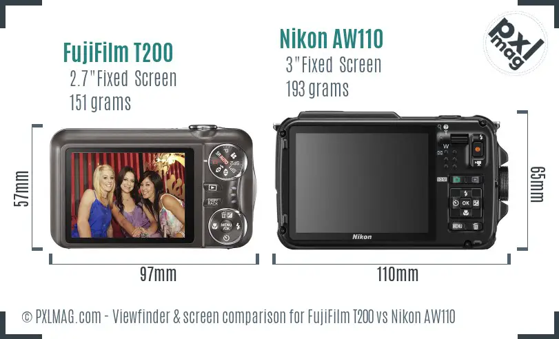 FujiFilm T200 vs Nikon AW110 Screen and Viewfinder comparison