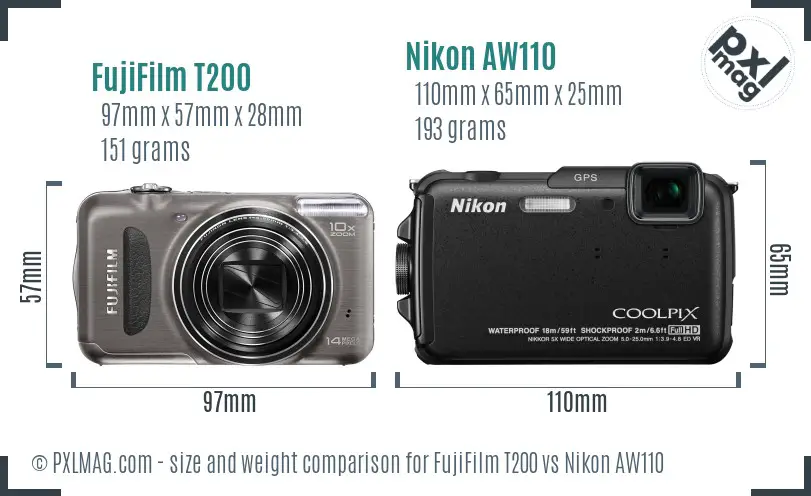 FujiFilm T200 vs Nikon AW110 size comparison