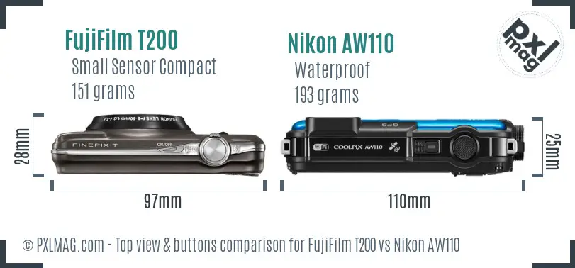 FujiFilm T200 vs Nikon AW110 top view buttons comparison