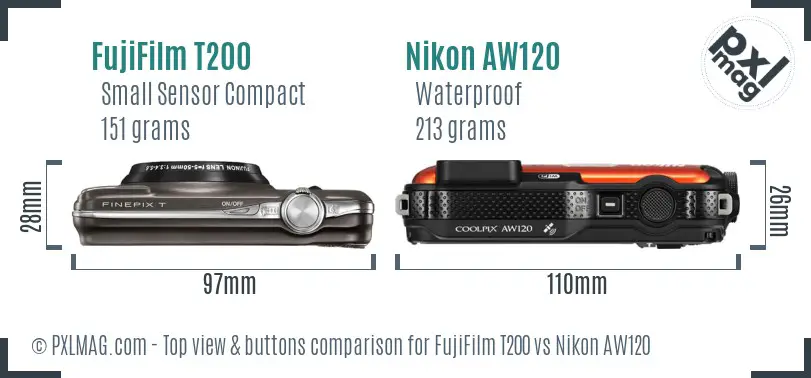 FujiFilm T200 vs Nikon AW120 top view buttons comparison FujiFilm T200 vs Nikon AW120 top view buttons comparison