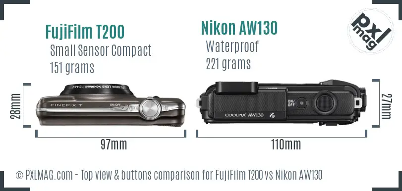 FujiFilm T200 vs Nikon AW130 top view buttons comparison FujiFilm T200 vs Nikon AW130 top view buttons comparison