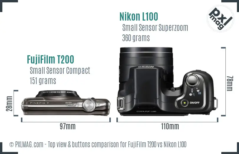 FujiFilm T200 vs Nikon L100 top view buttons comparison