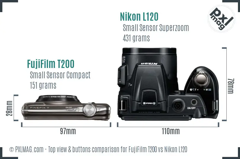 FujiFilm T200 vs Nikon L120 top view buttons comparison