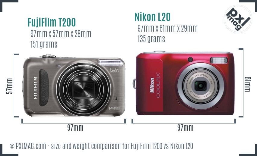 FujiFilm T200 vs Nikon L20 size comparison