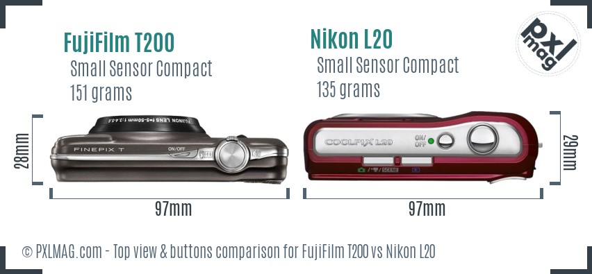 FujiFilm T200 vs Nikon L20 top view buttons comparison