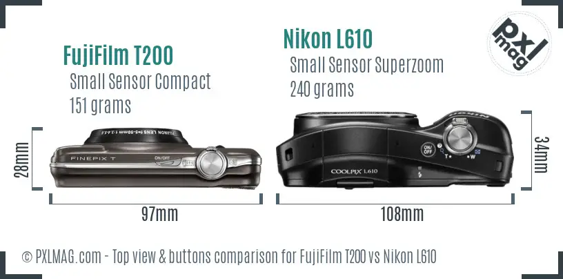 FujiFilm T200 vs Nikon L610 top view buttons comparison