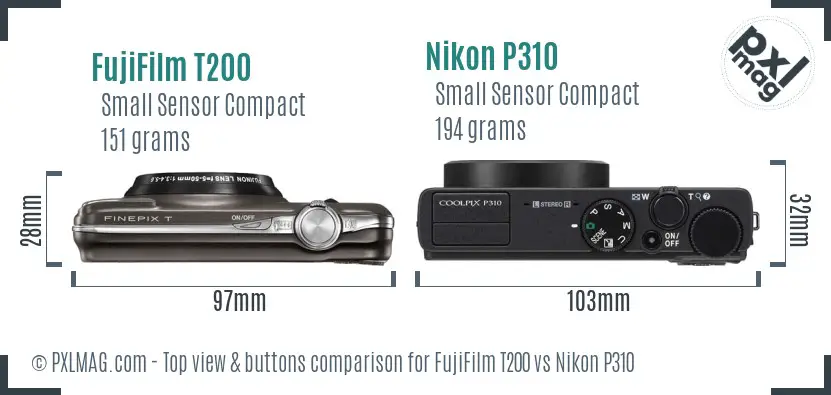 FujiFilm T200 vs Nikon P310 top view buttons comparison