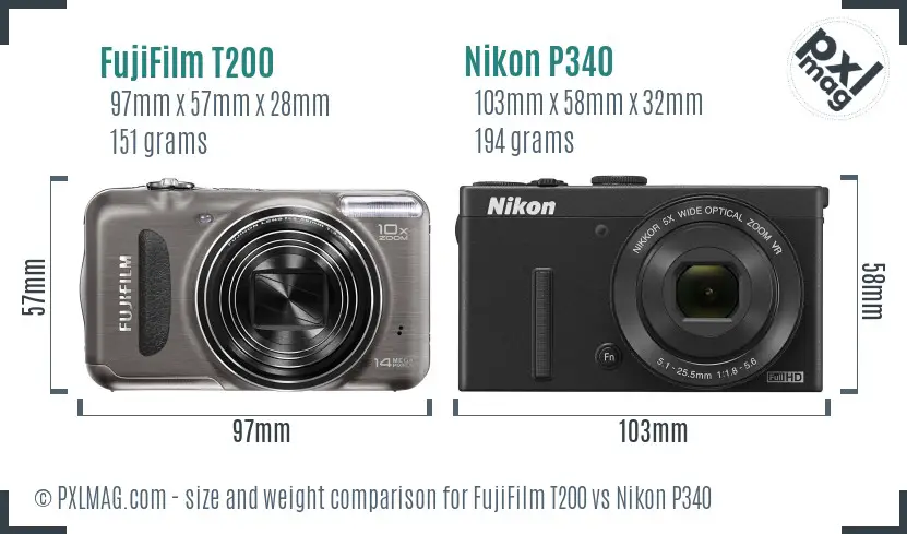 FujiFilm T200 vs Nikon P340 size comparison