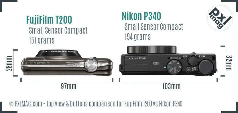 FujiFilm T200 vs Nikon P340 top view buttons comparison