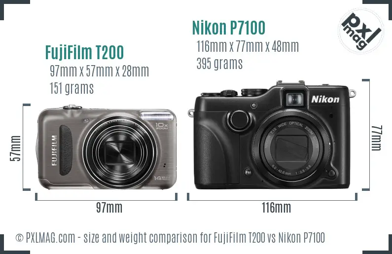 FujiFilm T200 vs Nikon P7100 size comparison