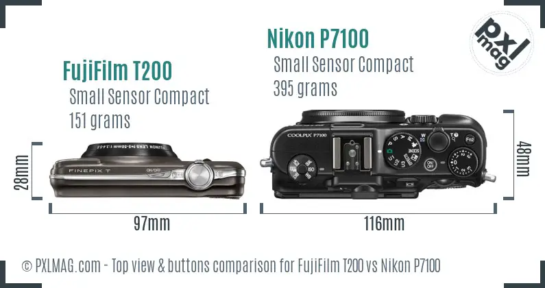 FujiFilm T200 vs Nikon P7100 top view buttons comparison