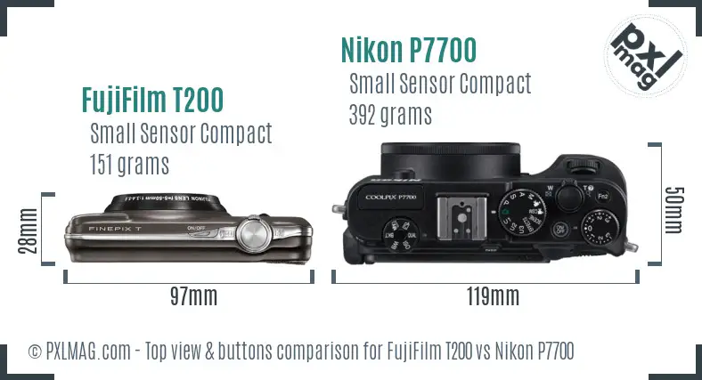 FujiFilm T200 vs Nikon P7700 top view buttons comparison
