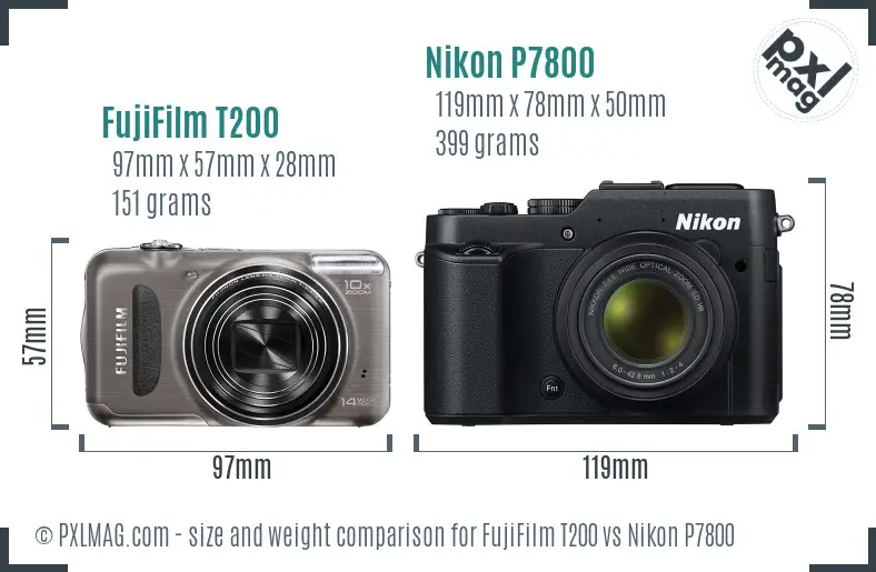 FujiFilm T200 vs Nikon P7800 size comparison