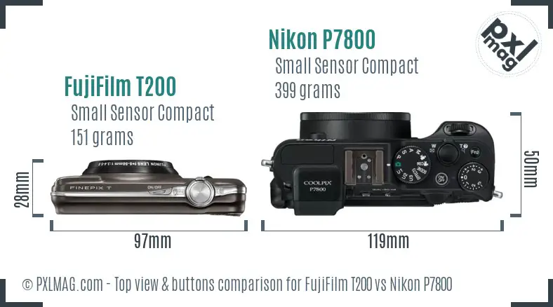 FujiFilm T200 vs Nikon P7800 top view buttons comparison