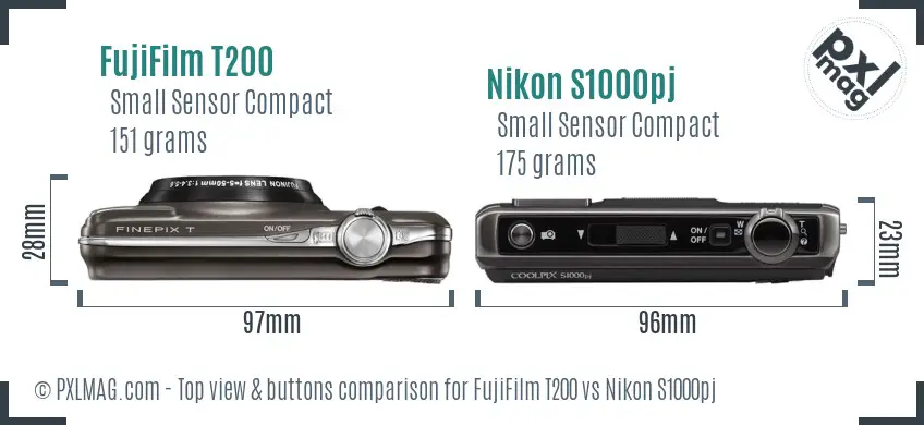 FujiFilm T200 vs Nikon S1000pj top view buttons comparison FujiFilm T200 vs Nikon S1000pj top view buttons comparison